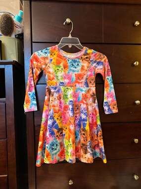 Jxstar Girls Rainbow Multi-Colored Kitten Cat Print Long Sleeve A-Line Skater Dr